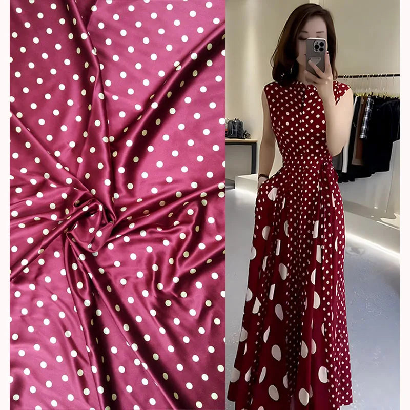 Heavy Mulberry Silk Fabric 140CM Tissu Material Summer Wine Red Bottom White Dot Prints Stretch Silkworm Silk Satin Dress Fabric