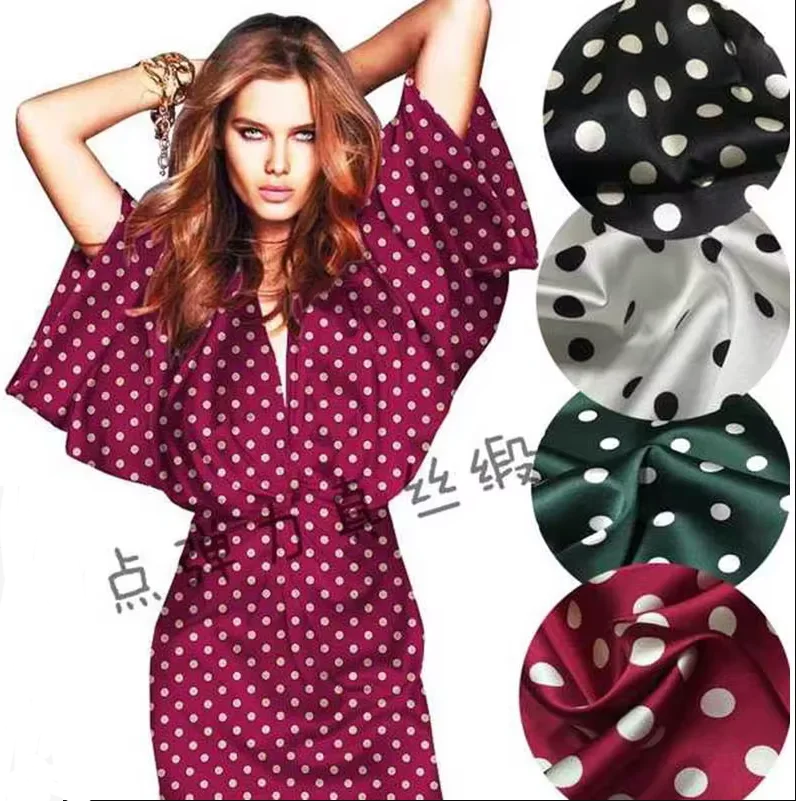 Heavy Mulberry Silk Fabric 140CM Tissu Material Summer Wine Red Bottom White Dot Prints Stretch Silkworm Silk Satin Dress Fabric